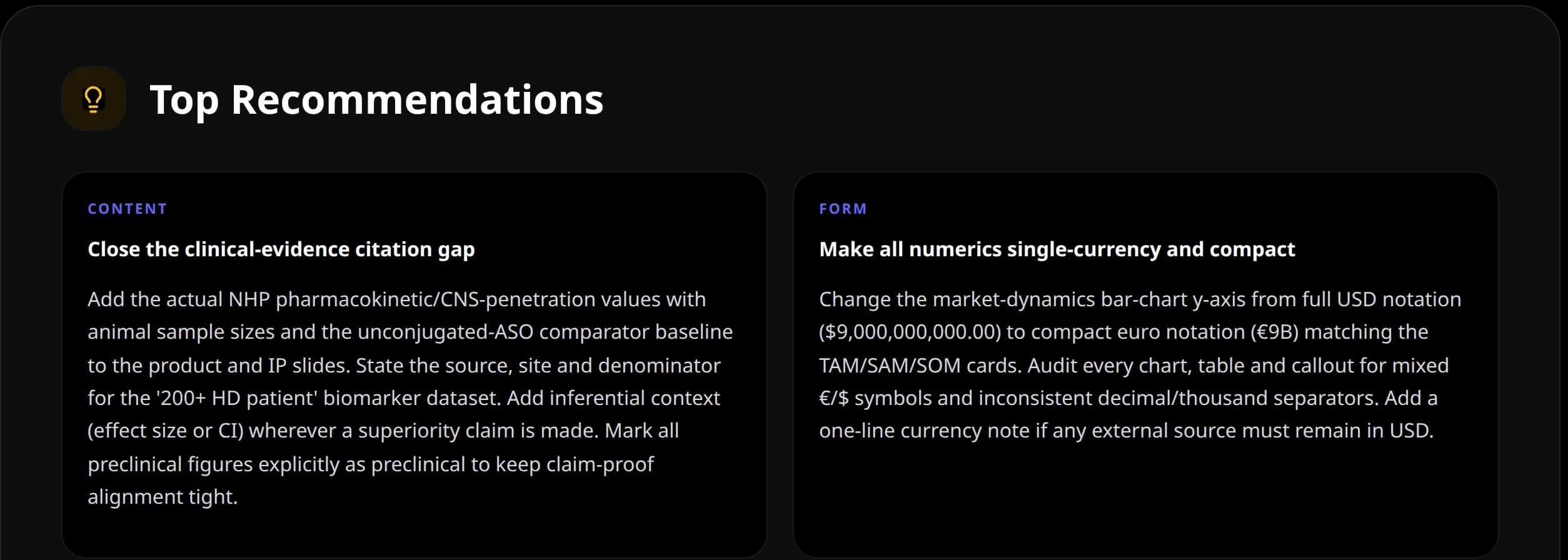 Example report top recommendations, each naming the slide-level change to make